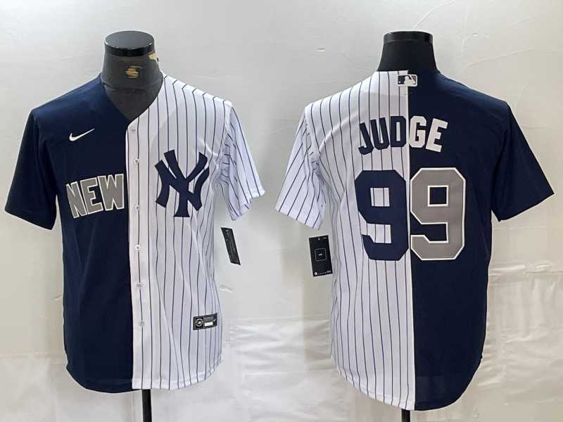 Mens New York Yankees #99 Aaron Judge Navy White Split Stitched Baseball Jersey Dzhi